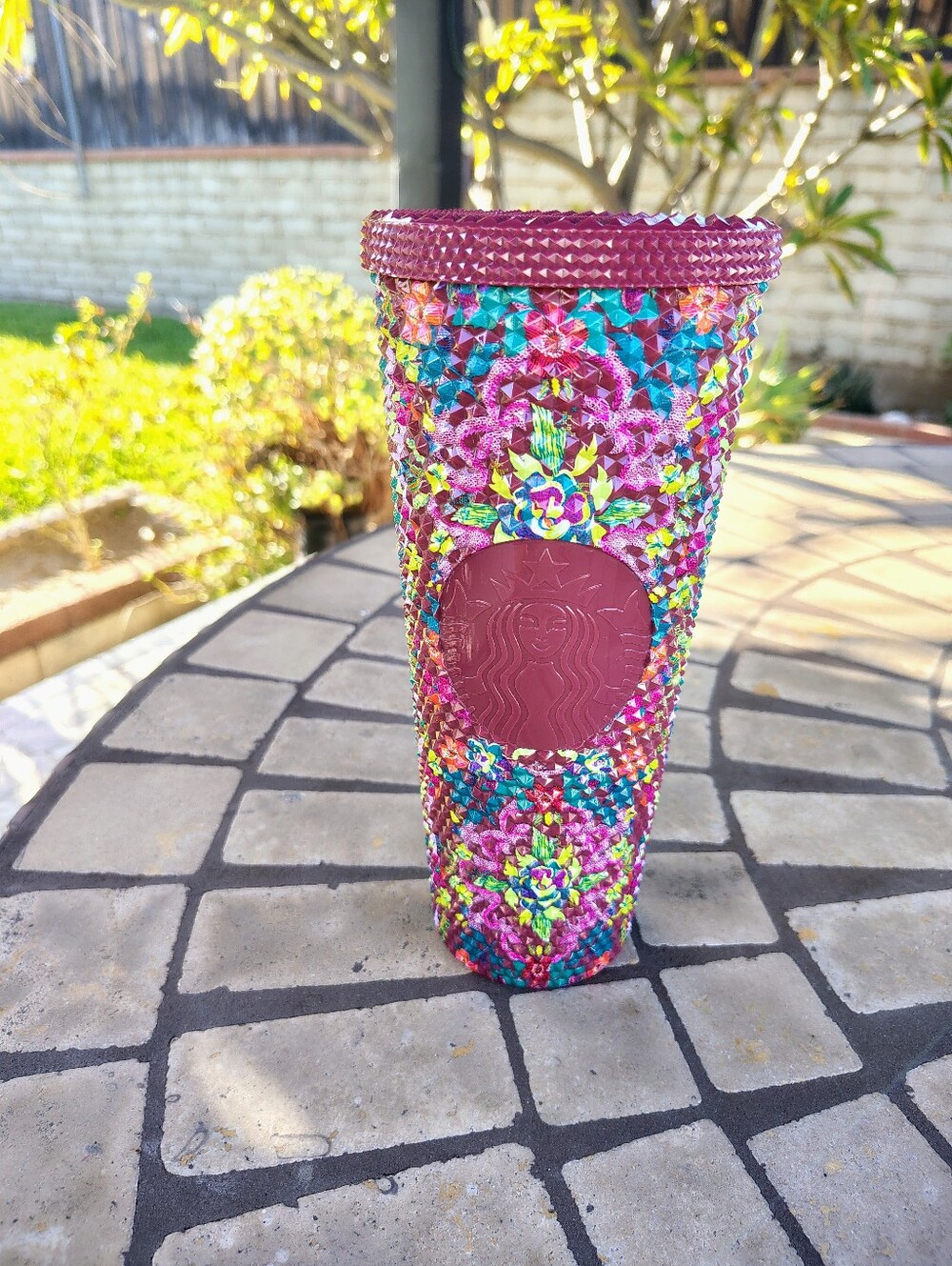 Starbucks 2025 Fall Floral Bling 24oz Tumbler Cold Cup Floral Studded Grid